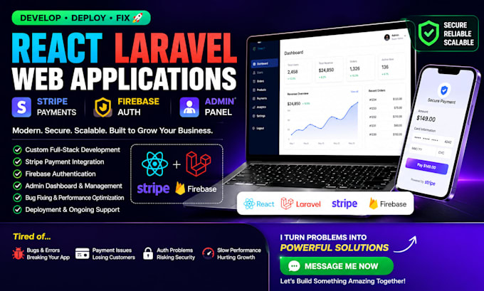 deploy develop fix react laravel webapp stripe setup, firebase auth admin panel