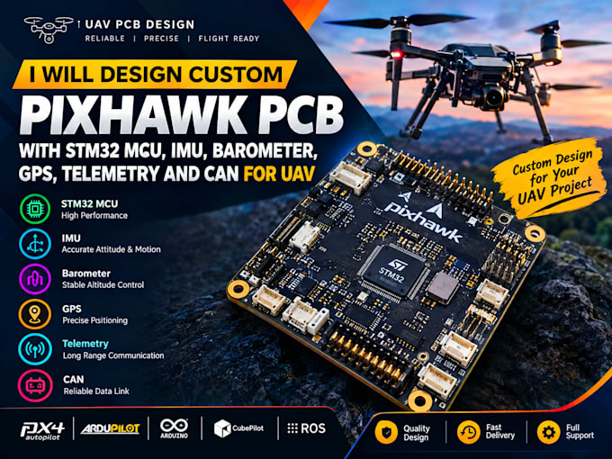 design custom pixhawk pcb with stm32 mcu, imu, barometer, gps, telemetry and can