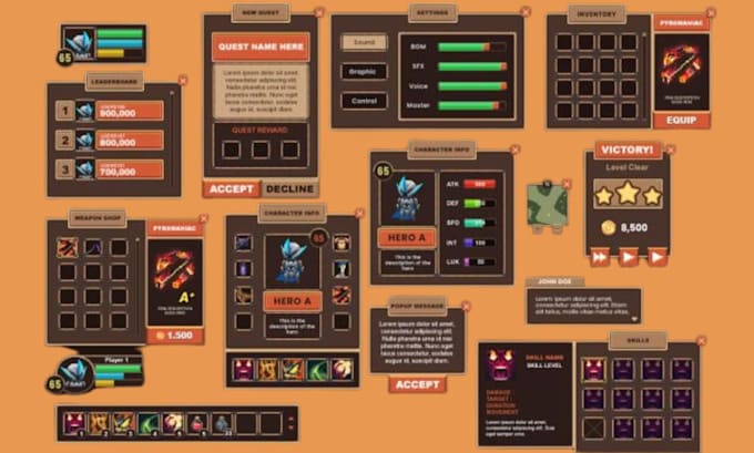 create stylized 2d game UI UX, hud, gui and mobile game interface
