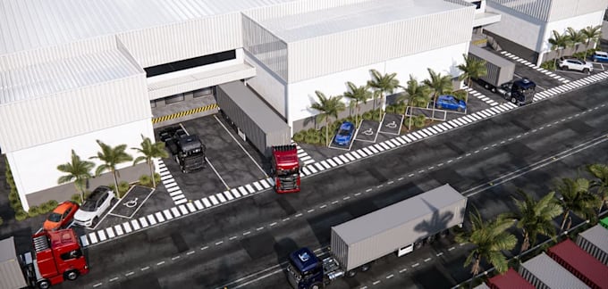 construct logistic industrial space,3d warehouse facility layout,parking render