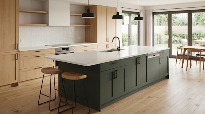 create shaker cabinet island kitchen archviz in prokitchen perspective view