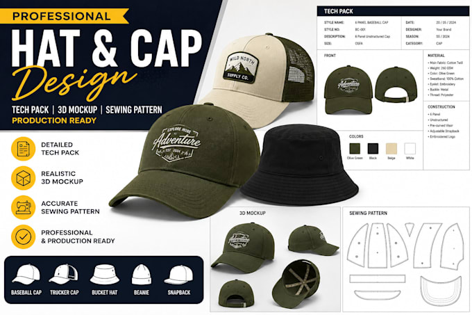 design professional hats and caps with tech packs, 3d mockups