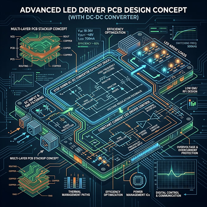 design led driver pcb with dc converter