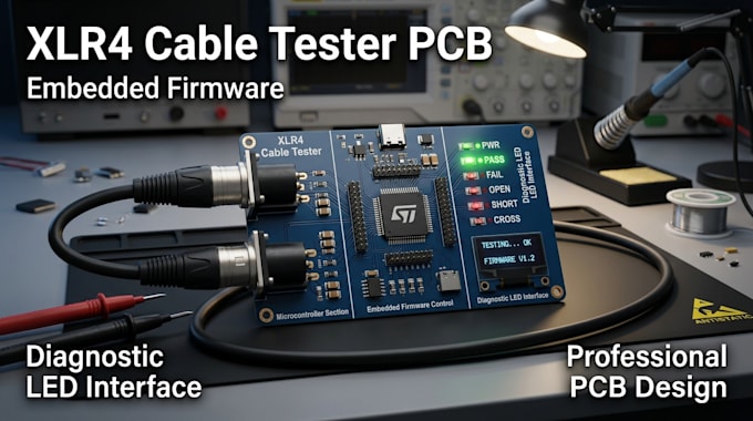 design xlr4 cable tester pcb with firmware and diagnostic led interface