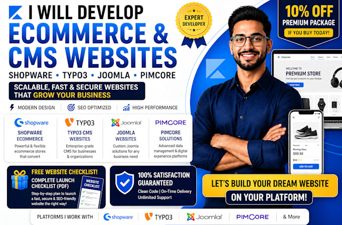 develop ecommerce cms websites with shopware, typo3 cms, joomla, pimcore