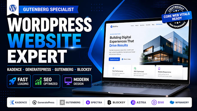 setup wordpress website using kadence blocks, gutenberg, spectra and blocksy