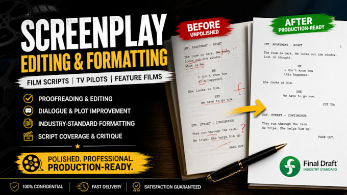 edit, proofread and format your screenplay, film script, tv pilot professionally