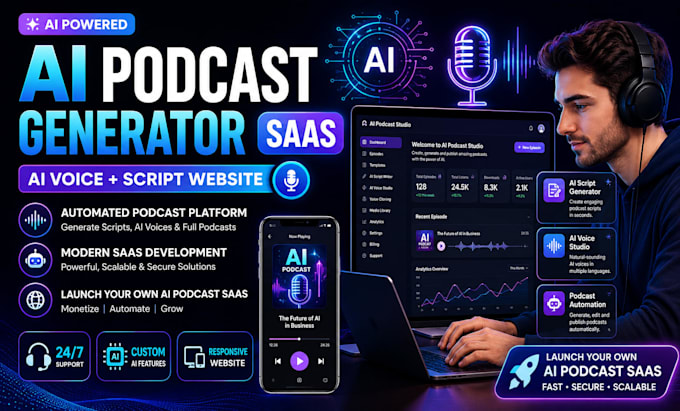 develop saas ai podcast generator website, ai voice and script website