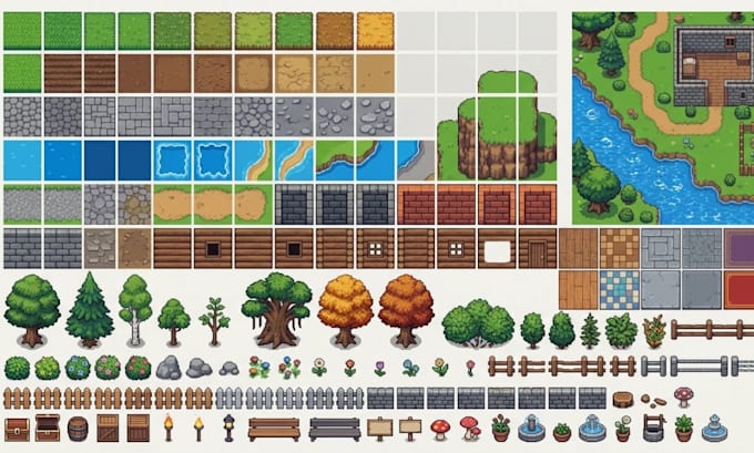 create 2d top down pixel art tileset, rpg game map tilemap, game assets