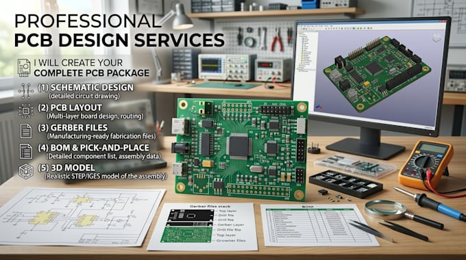 create pcb schematic, pcb layout, gerber files, bom and 3d model