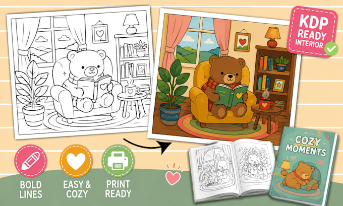 design bold and easy cozy coloring book cover and pages for KDP interior