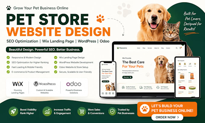 build pet store SEO optimization wix landing page wordpress odoo website design