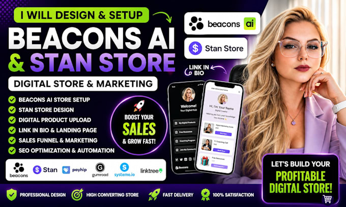 do beacons ai, stan store, linktree, digital product store setup and marketing