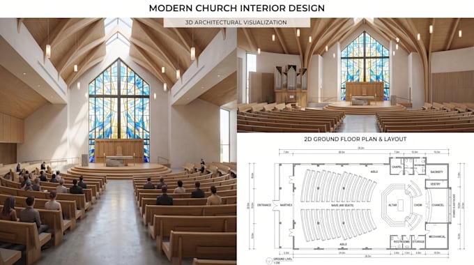 create modern church interior design with 2d and 3d render