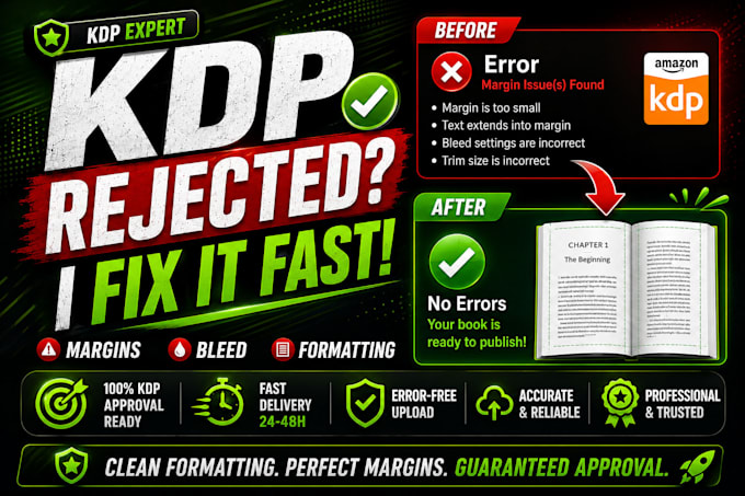 fix errors, formatting issues ebook, print pdf for kdp, lulu and ingramspark
