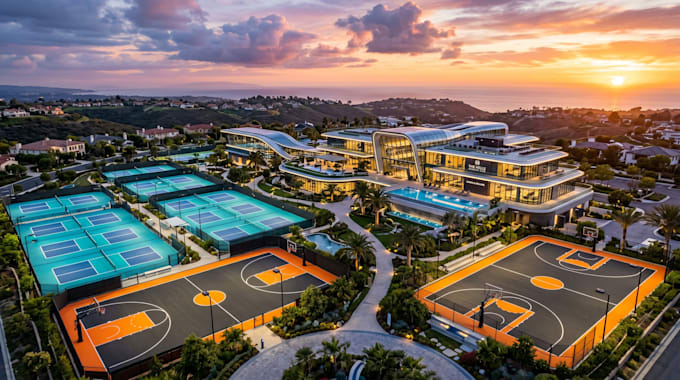 design 3d sport complex, 3d padel court, stadium design, 3d rendering
