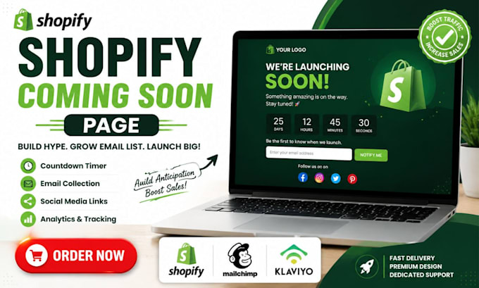 design a professional shopify coming soon page countdown waitlist prelaunch page