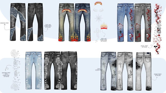 create detailed tech packs for denim jeans and jackets