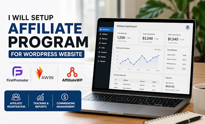 setup firstpromoter, awin, affiliatewp affiliate program for wordpress website