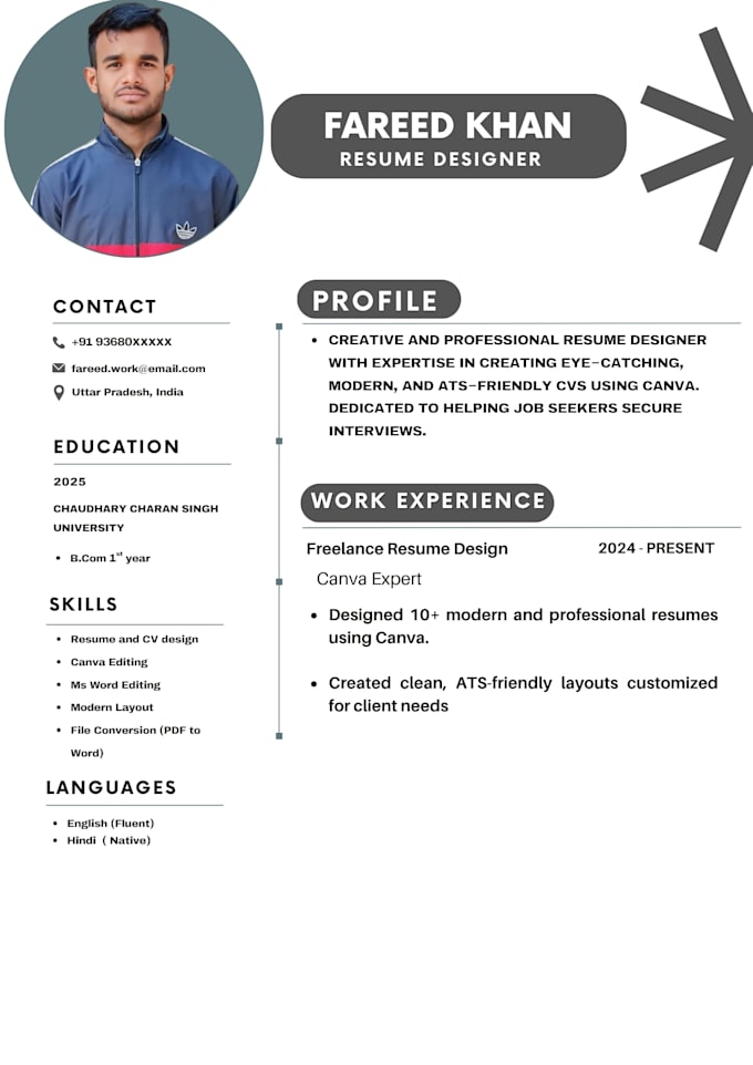 design a professional resume and CV using ms word or canva