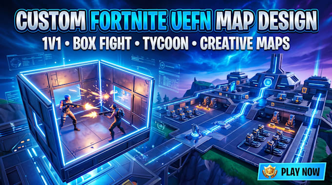 design custom fortnite uefn map, tycoon map, creative 1v1 box fight map