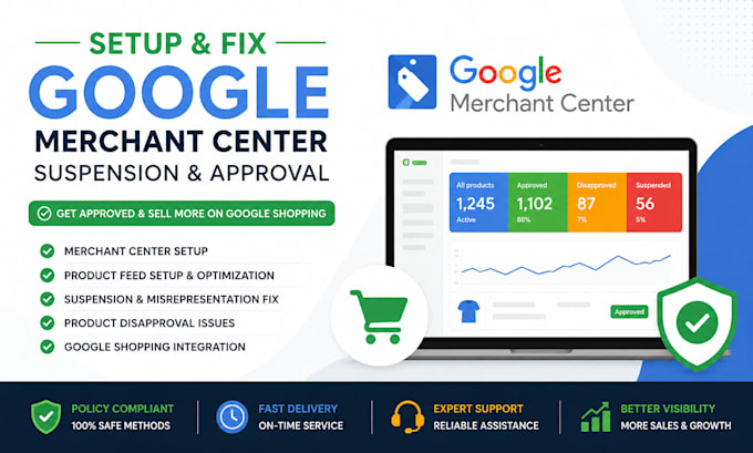 setup and fix google merchant center suspension and approval
