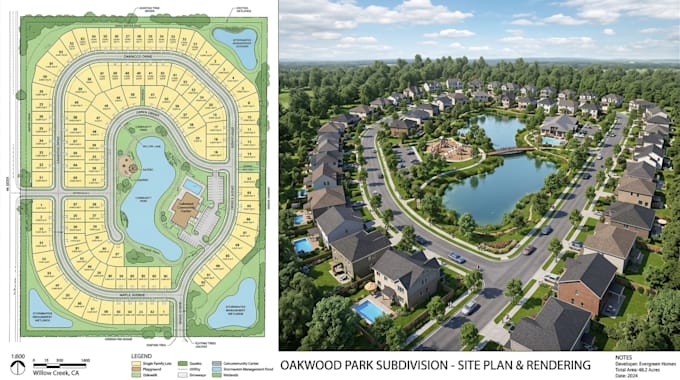 design site plan, urban subdivision layout with rendering