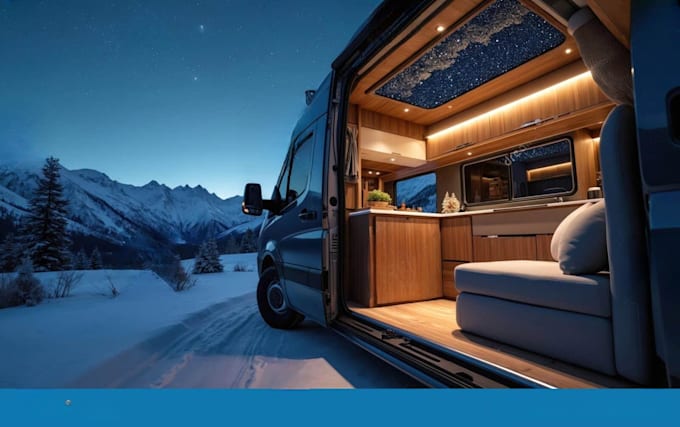 2d,3d motor home, luxury bus interior, sprinter conversion with cinematic render