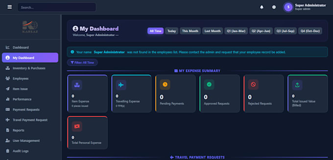 build inventory software dashboard front end and back end
