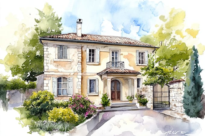 watercolor house art in unique