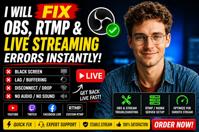fix obs, rtmp, or live streaming errors instantly black screen, lag, disconnect