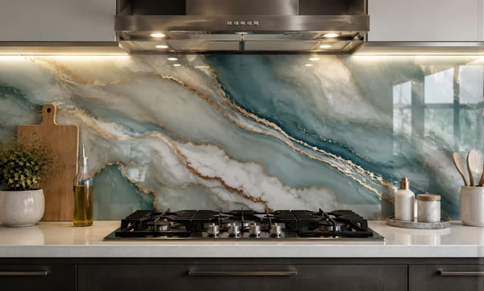 do custom realistic kitchen glass backsplash design, tile, stone textures artist