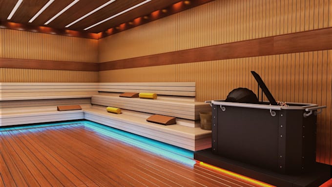 design cgi 3d sauna room, steam room, heat therapy room, wellness center