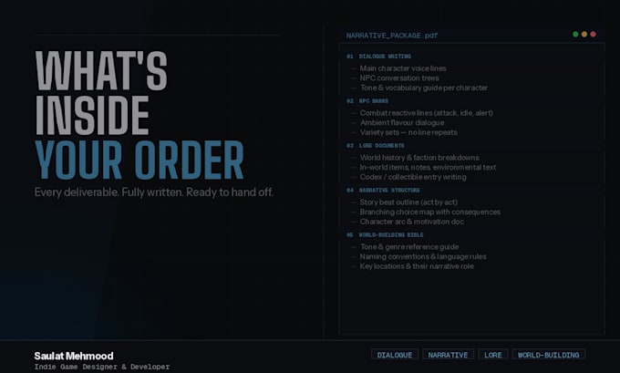 write game dialogue, lore, and narrative design for your indie game
