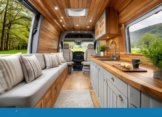render 3d motorhome rv camper van interior,  luxury mobile home visualization