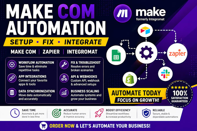 setup make com automation, fix zapier workflows and integromat integrations