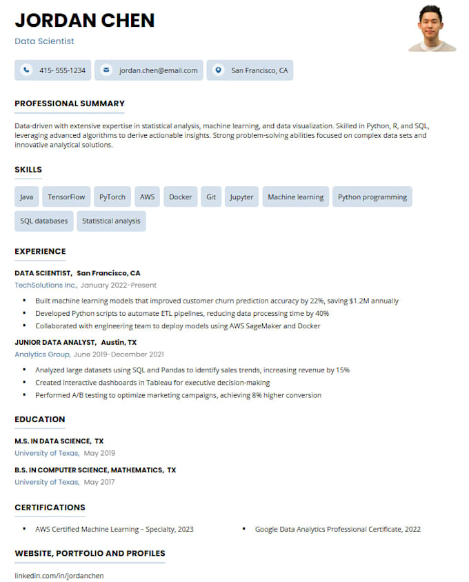 write ats optimized resume for ml and data science
