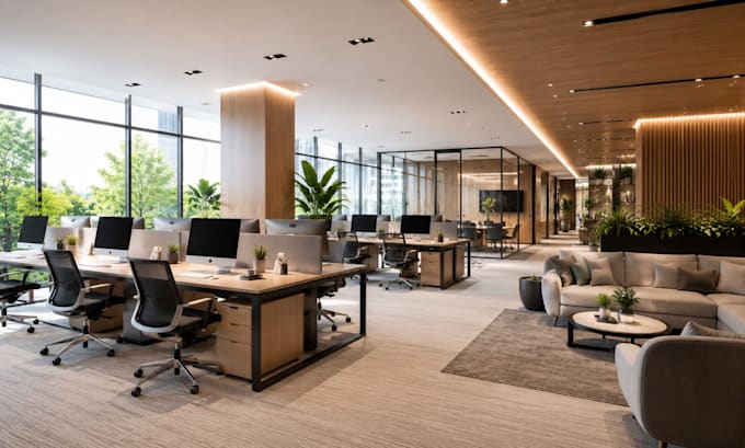 do office showroom workspace commercial interior 3d rendering