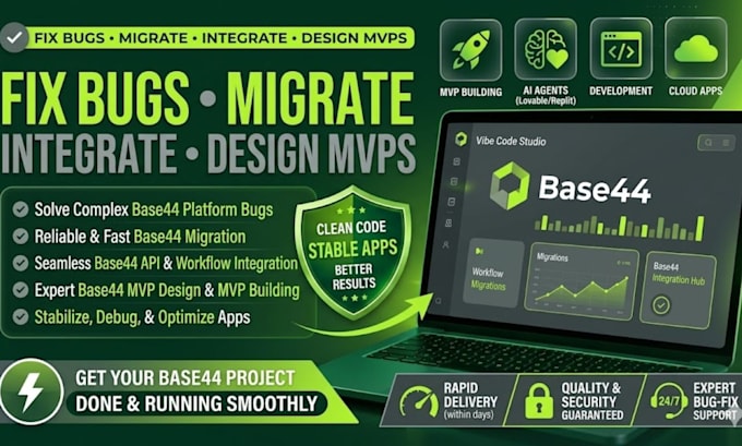 fix base44 bugs, base44 migration, base44 integration, base44 mvp