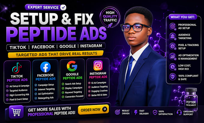 setup or fix peptide ads, tiktok peptide ads, facebook google or ig peptide ads
