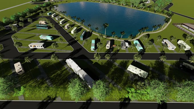 design rv park layout, campground, master plan, green area and 3d render
