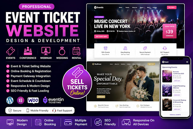 design event ticket website, selling ticket, webinar, conference, wedding rental