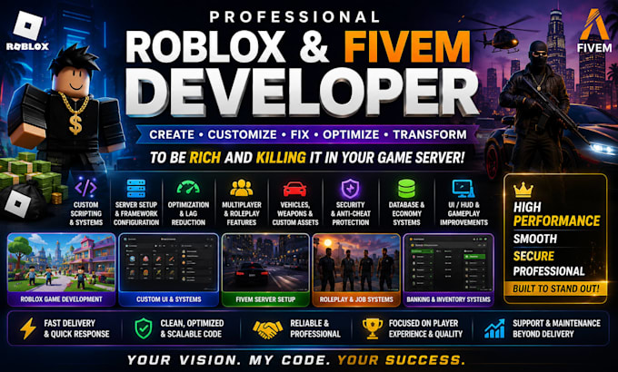 develop roblox game, fivem server, custom scripts cars and game mod