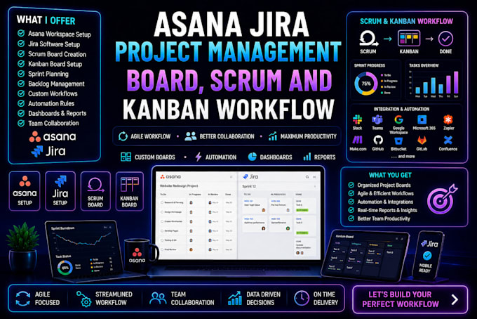 create asana jira project management board, scrum and kanban workflow