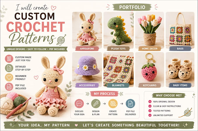 create custom amigurumi crochet pattern PDF with step by step photo