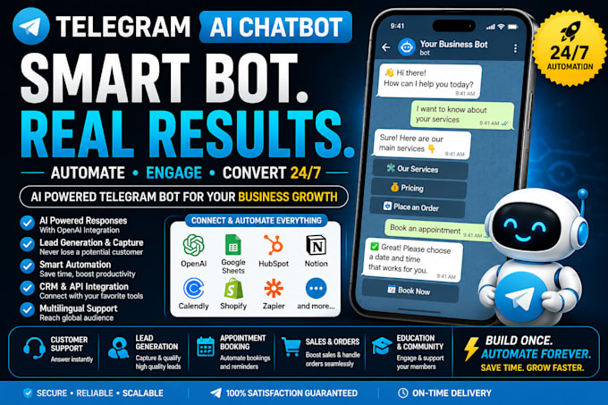 build telegram ai chatbot ,smart automation bot ai website telegram bot