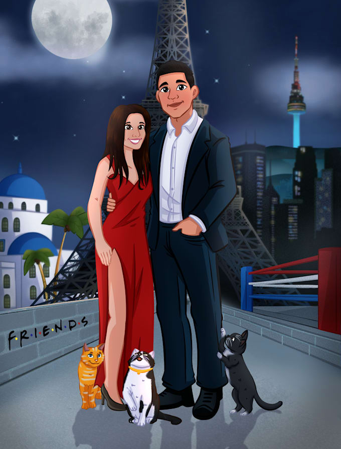 create a romantic cartoon portrait for couples