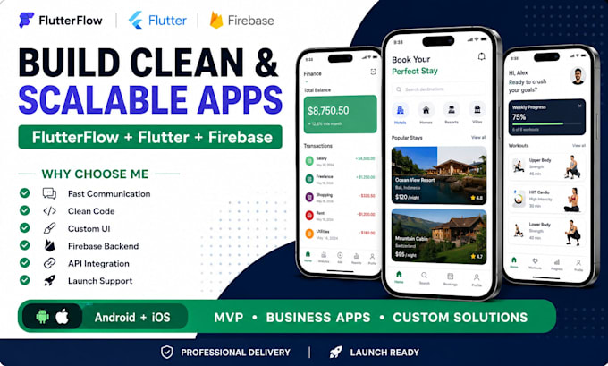 build flutterflow and flutter mobile app with firebase for android and ios