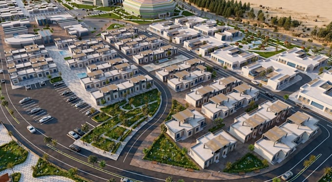 3d mixed use masterplan,community layout,landscape render, cgi building exterior