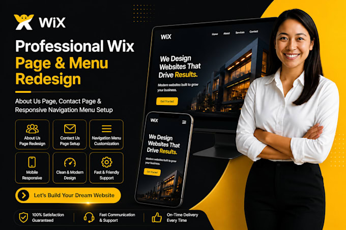 redesign wix about us page contact page and responsive navigation menu setup